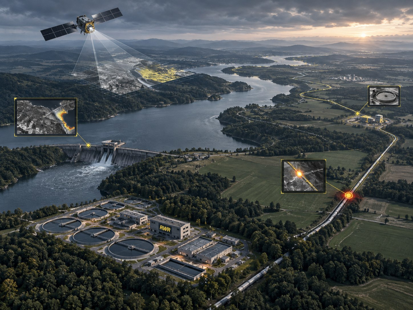 Satellite-monitored national water network spanning a reservoir, treatment plant, and pipeline corridor