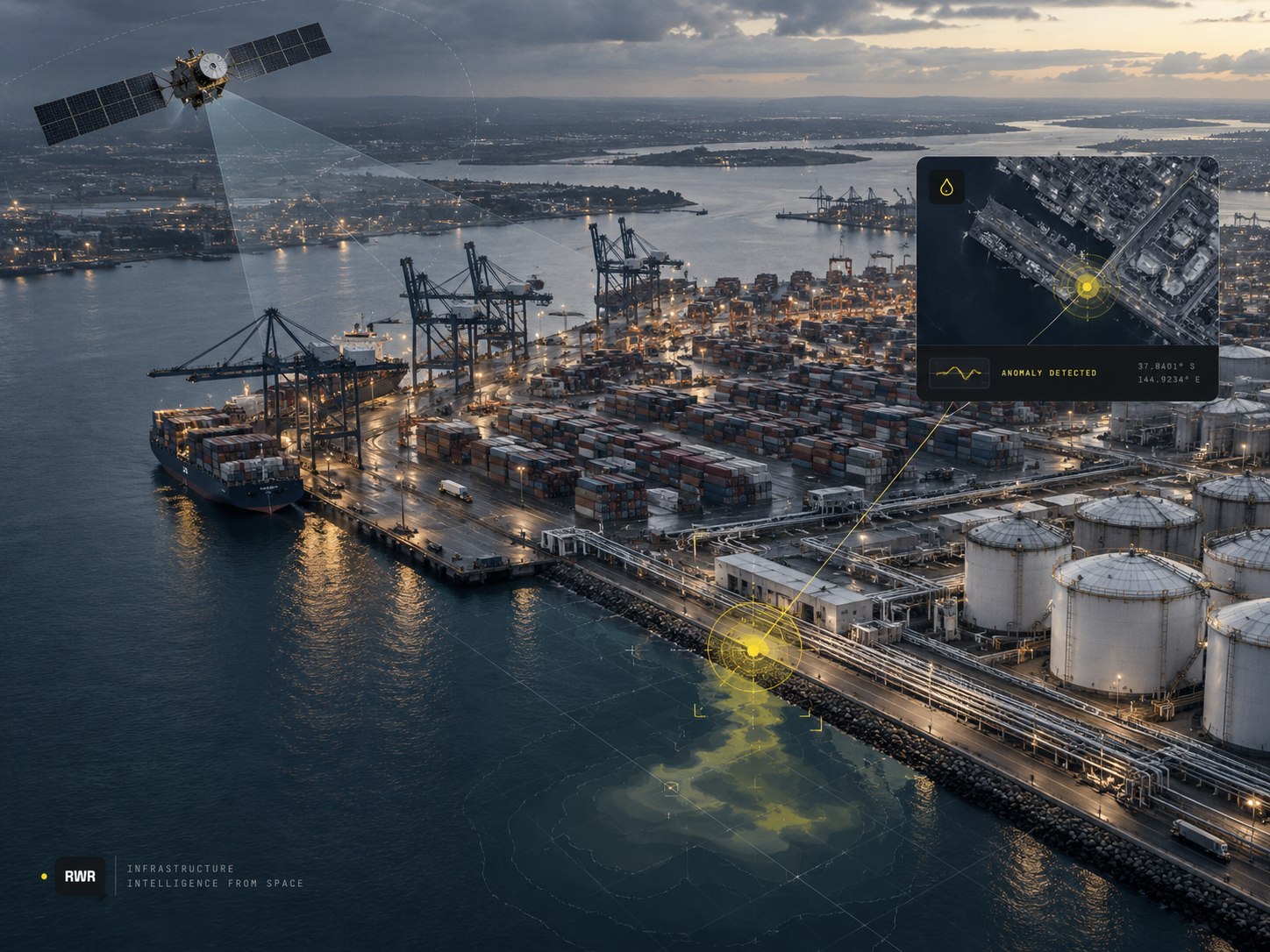 Satellite-monitored port terminal with container yard and anomaly detection overlay